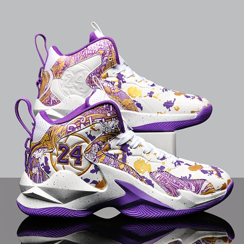 Men's High-Top Basketball Sneakers - Breathable, Non-Slip, Shock-Absorbing Sneakers with Cushioned Insole &amp; Stylish Purple & Golden Pattern for Running, Walking, and Sports, Outdoor Shoes | Lace-Up Closure | Shock-Absorbing Footwear