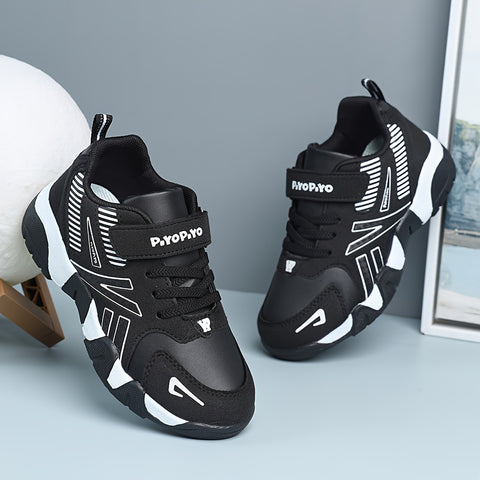 Boys' Trendy Basketball Sneakers - Comfortable Non-Slip Soft Sole, Durable Synthetic & Fabric Upper, Breathable Design with Striped Pattern, Hook & Loop Closure for Youngsters to Youth, All-Season Casual & Running Shoes, Basketball