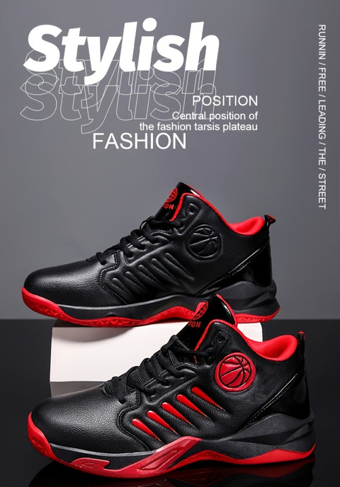 Men's High-Top/Mid-Top Basketball Shoes - Heavy-Duty Lace-Up Sneakers with Arch, Non-Slip Rubber Sole & Breathable -like Texture - All-Black/Black with Red Accent/Red/Black Color Options - Gym, Walking, Casual Shoes for Men