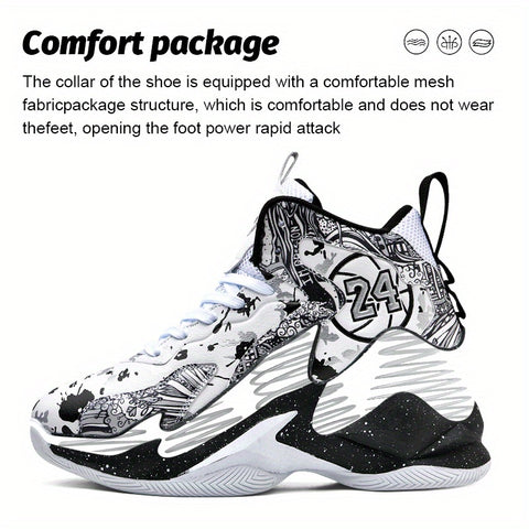 Men's High-Top Basketball Sneakers - Breathable, Non-Slip, Shock-Absorbing Sneakers with Cushioned Insole &amp; Stylish Purple & Golden Pattern for Running, Walking, and Sports, Outdoor Shoes | Lace-Up Closure | Shock-Absorbing Footwear