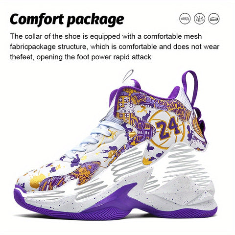 Men's High-Top Basketball Sneakers - Breathable, Non-Slip, Shock-Absorbing Sneakers with Cushioned Insole &amp; Stylish Purple & Golden Pattern for Running, Walking, and Sports, Outdoor Shoes | Lace-Up Closure | Shock-Absorbing Footwear