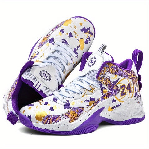 Men's High-Top Basketball Sneakers - Breathable, Non-Slip, Shock-Absorbing Sneakers with Cushioned Insole &amp; Stylish Purple & Golden Pattern for Running, Walking, and Sports, Outdoor Shoes | Lace-Up Closure | Shock-Absorbing Footwear