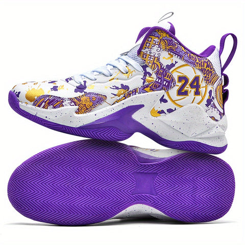 Men's High-Top Basketball Sneakers - Breathable, Non-Slip, Shock-Absorbing Sneakers with Cushioned Insole &amp; Stylish Purple & Golden Pattern for Running, Walking, and Sports, Outdoor Shoes | Lace-Up Closure | Shock-Absorbing Footwear