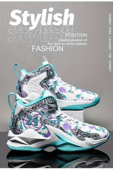 Men's High-Top Basketball Sneakers - Breathable, Non-Slip, Shock-Absorbing Sneakers with Cushioned Insole &amp; Stylish Purple & Golden Pattern for Running, Walking, and Sports, Outdoor Shoes | Lace-Up Closure | Shock-Absorbing Footwear