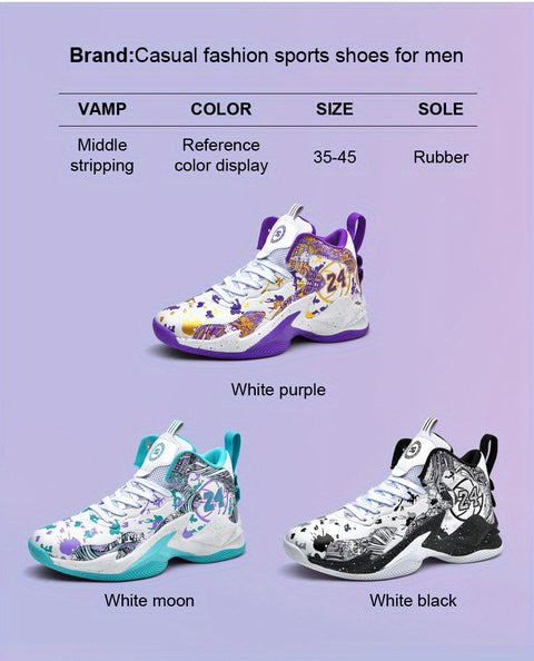 Men's High-Top Basketball Sneakers - Breathable, Non-Slip, Shock-Absorbing Sneakers with Cushioned Insole &amp; Stylish Purple & Golden Pattern for Running, Walking, and Sports, Outdoor Shoes | Lace-Up Closure | Shock-Absorbing Footwear