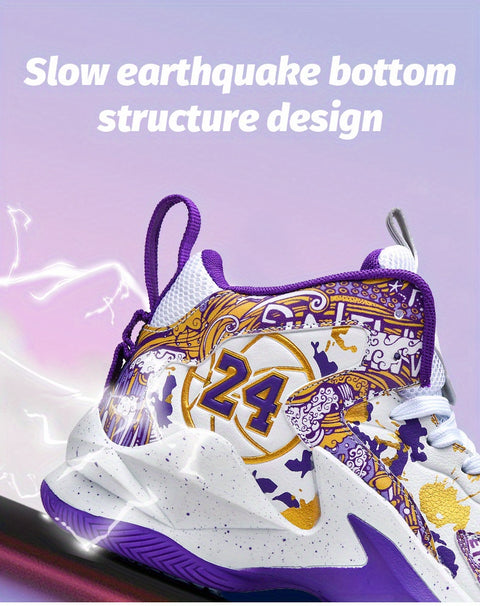 Men's High-Top Basketball Sneakers - Breathable, Non-Slip, Shock-Absorbing Sneakers with Cushioned Insole &amp; Stylish Purple & Golden Pattern for Running, Walking, and Sports, Outdoor Shoes | Lace-Up Closure | Shock-Absorbing Footwear