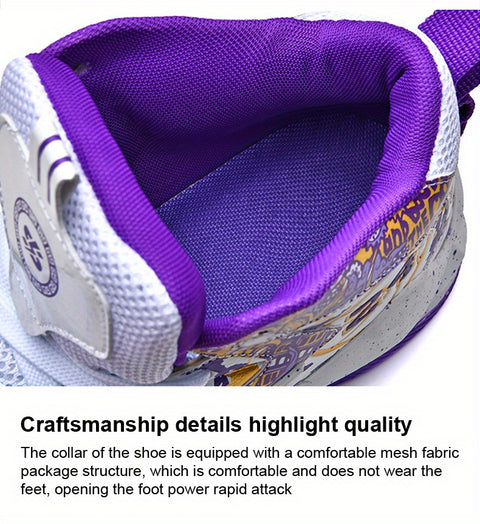 Men's High-Top Basketball Sneakers - Breathable, Non-Slip, Shock-Absorbing Sneakers with Cushioned Insole &amp; Stylish Purple & Golden Pattern for Running, Walking, and Sports, Outdoor Shoes | Lace-Up Closure | Shock-Absorbing Footwear