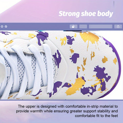 Men's High-Top Basketball Sneakers - Breathable, Non-Slip, Shock-Absorbing Sneakers with Cushioned Insole &amp; Stylish Purple & Golden Pattern for Running, Walking, and Sports, Outdoor Shoes | Lace-Up Closure | Shock-Absorbing Footwear