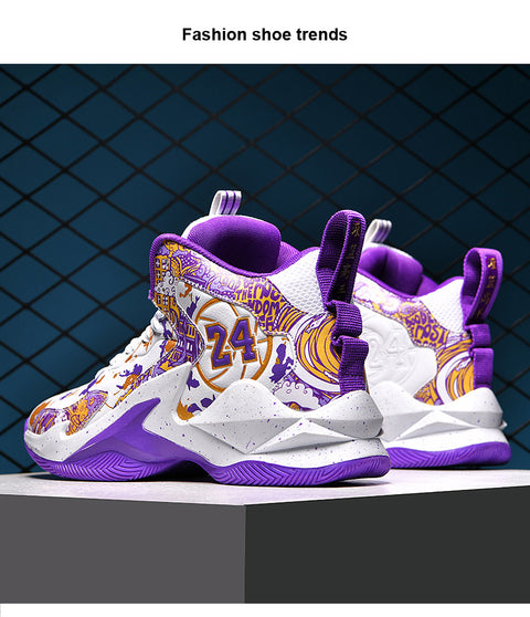 Men's High-Top Basketball Sneakers - Breathable, Non-Slip, Shock-Absorbing Sneakers with Cushioned Insole &amp; Stylish Purple & Golden Pattern for Running, Walking, and Sports, Outdoor Shoes | Lace-Up Closure | Shock-Absorbing Footwear