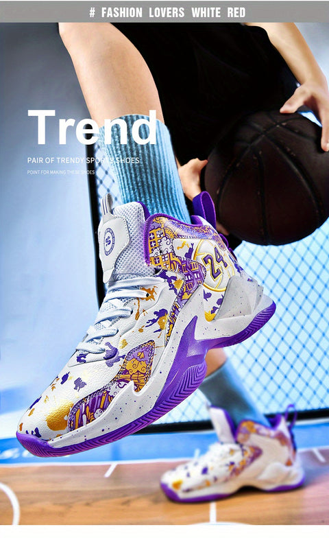 Men's High-Top Basketball Sneakers - Breathable, Non-Slip, Shock-Absorbing Sneakers with Cushioned Insole &amp; Stylish Purple & Golden Pattern for Running, Walking, and Sports, Outdoor Shoes | Lace-Up Closure | Shock-Absorbing Footwear