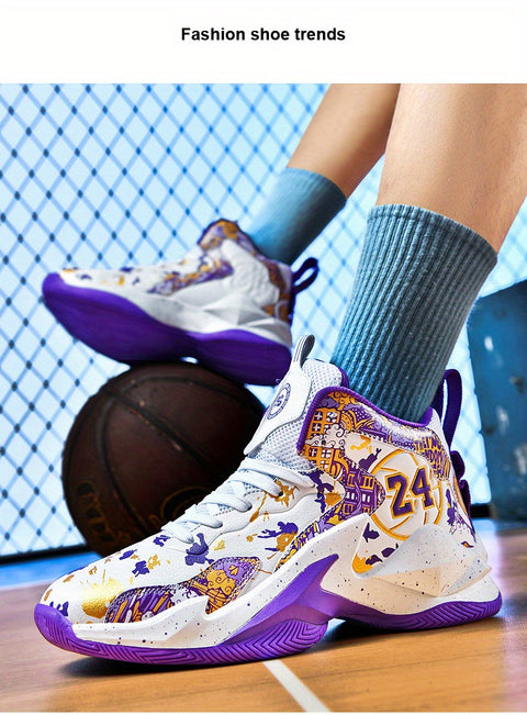 Men's High-Top Basketball Sneakers - Breathable, Non-Slip, Shock-Absorbing Sneakers with Cushioned Insole &amp; Stylish Purple & Golden Pattern for Running, Walking, and Sports, Outdoor Shoes | Lace-Up Closure | Shock-Absorbing Footwear