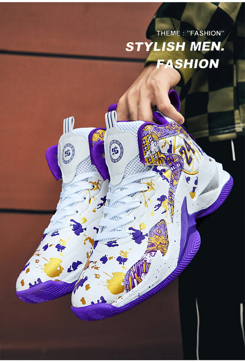 Men's High-Top Basketball Sneakers - Breathable, Non-Slip, Shock-Absorbing Sneakers with Cushioned Insole &amp; Stylish Purple & Golden Pattern for Running, Walking, and Sports, Outdoor Shoes | Lace-Up Closure | Shock-Absorbing Footwear