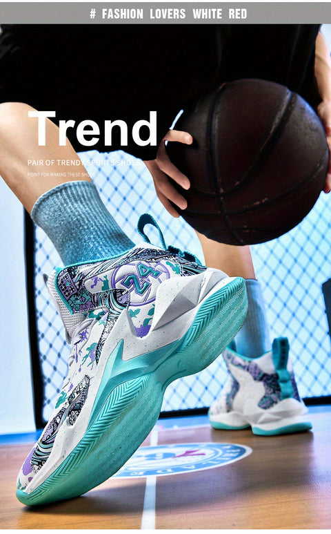 Men's High-Top Basketball Sneakers - Breathable, Non-Slip, Shock-Absorbing Sneakers with Cushioned Insole &amp; Stylish Purple & Golden Pattern for Running, Walking, and Sports, Outdoor Shoes | Lace-Up Closure | Shock-Absorbing Footwear