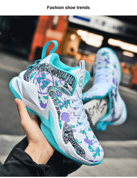 Men's High-Top Basketball Sneakers - Breathable, Non-Slip, Shock-Absorbing Sneakers with Cushioned Insole &amp; Stylish Purple & Golden Pattern for Running, Walking, and Sports, Outdoor Shoes | Lace-Up Closure | Shock-Absorbing Footwear