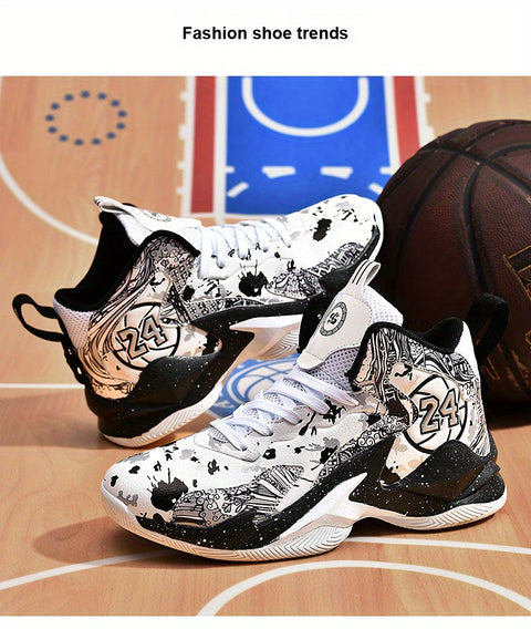 Men's High-Top Basketball Sneakers - Breathable, Non-Slip, Shock-Absorbing Sneakers with Cushioned Insole &amp; Stylish Purple & Golden Pattern for Running, Walking, and Sports, Outdoor Shoes | Lace-Up Closure | Shock-Absorbing Footwear