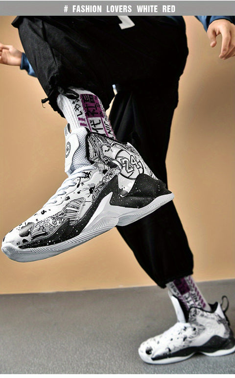 Men's High-Top Basketball Sneakers - Breathable, Non-Slip, Shock-Absorbing Sneakers with Cushioned Insole &amp; Stylish Purple & Golden Pattern for Running, Walking, and Sports, Outdoor Shoes | Lace-Up Closure | Shock-Absorbing Footwear