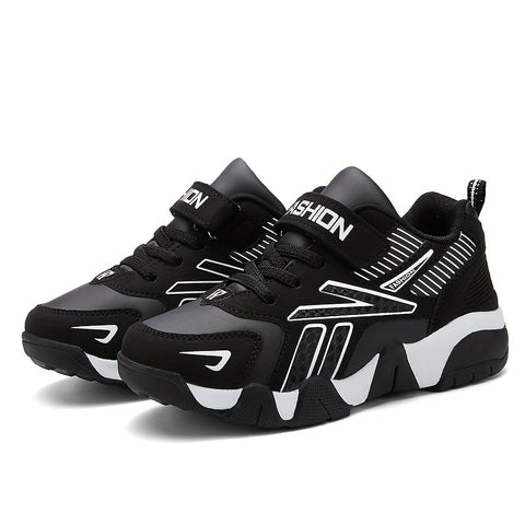 Boys' Trendy Basketball Sneakers - Comfortable Non-Slip Soft Sole, Durable Synthetic & Fabric Upper, Breathable Design with Striped Pattern, Hook & Loop Closure for Youngsters to Youth, All-Season Casual & Running Shoes, Basketball