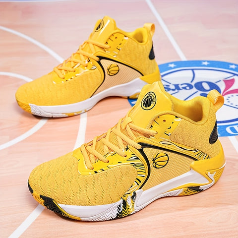 Men's High-Top Basketball Sneakers - Durable, Non-Slip, Shock-Absorbing Running Shoes with Breathable Mesh Upper, Yellow & Black Design for Sports, Running, and Outdoor Activities