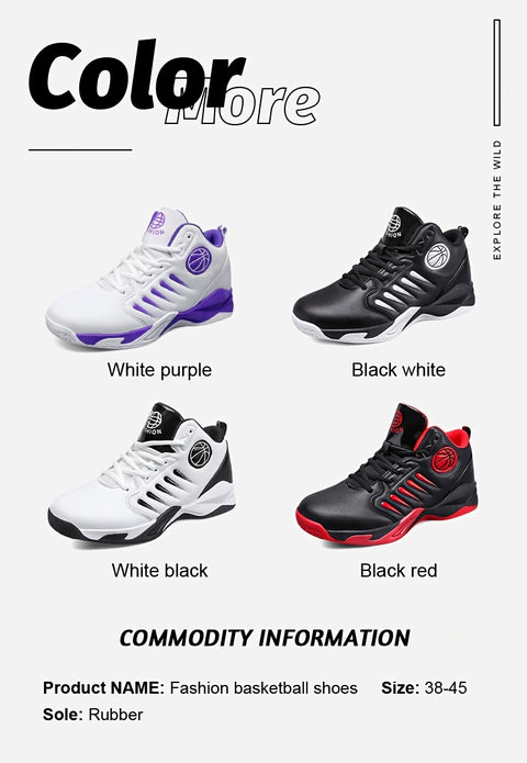 Men's High-Top/Mid-Top Basketball Shoes - Heavy-Duty Lace-Up Sneakers with Arch, Non-Slip Rubber Sole & Breathable -like Texture - All-Black/Black with Red Accent/Red/Black Color Options - Gym, Walking, Casual Shoes for Men