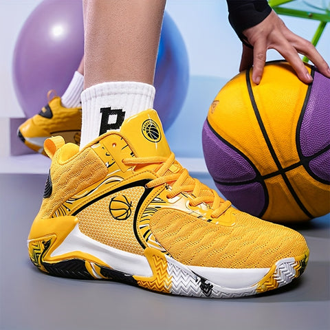Men's High-Top Basketball Sneakers - Durable, Non-Slip, Shock-Absorbing Running Shoes with Breathable Mesh Upper, Yellow & Black Design for Sports, Running, and Outdoor Activities