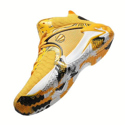 Men's High-Top Basketball Sneakers - Durable, Non-Slip, Shock-Absorbing Running Shoes with Breathable Mesh Upper, Yellow & Black Design for Sports, Running, and Outdoor Activities