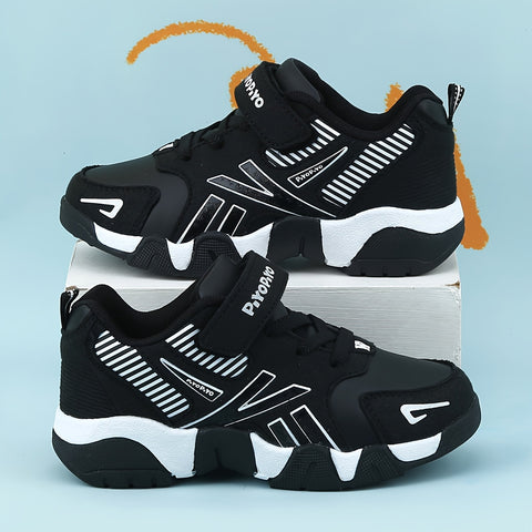 Boys' Trendy Basketball Sneakers - Comfortable Non-Slip Soft Sole, Durable Synthetic & Fabric Upper, Breathable Design with Striped Pattern, Hook & Loop Closure for Youngsters to Youth, All-Season Casual & Running Shoes, Basketball