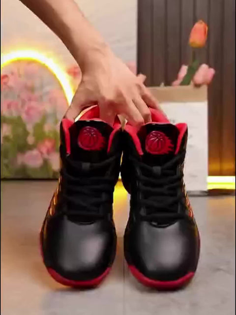 Men's High-Top/Mid-Top Basketball Shoes - Heavy-Duty Lace-Up Sneakers with Arch, Non-Slip Rubber Sole & Breathable -like Texture - All-Black/Black with Red Accent/Red/Black Color Options - Gym, Walking, Casual Shoes for Men