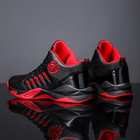 Men's High-Top/Mid-Top Basketball Shoes - Heavy-Duty Lace-Up Sneakers with Arch, Non-Slip Rubber Sole & Breathable -like Texture - All-Black/Black with Red Accent/Red/Black Color Options - Gym, Walking, Casual Shoes for Men