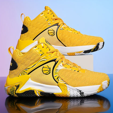Men's High-Top Basketball Sneakers - Durable, Non-Slip, Shock-Absorbing Running Shoes with Breathable Mesh Upper, Yellow & Black Design for Sports, Running, and Outdoor Activities