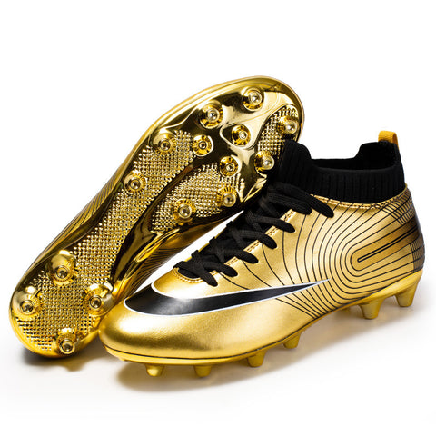 High Top Football Shoes With Long, Broken Nails And Gold Soles On Grass