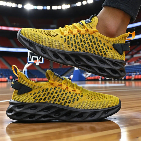 Men's Athletic Basketball Sneakers Bright Yellow Woven Upper Airy Mesh Design Men Shoes Trendy Non-slip Functional Sports Shoes