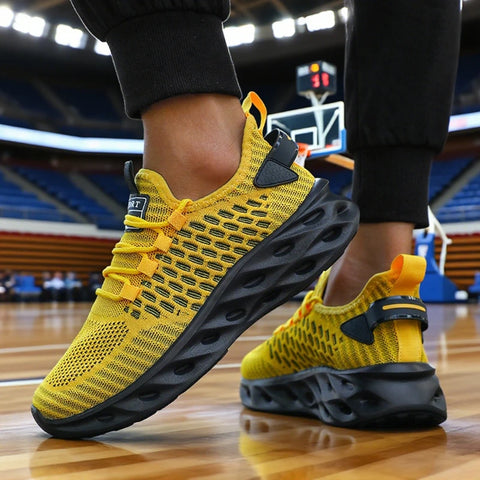 Men's Athletic Basketball Sneakers Bright Yellow Woven Upper Airy Mesh Design Men Shoes Trendy Non-slip Functional Sports Shoes