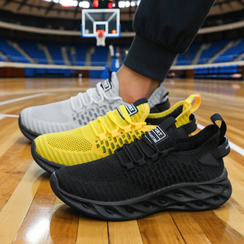 Men's Athletic Basketball Sneakers Bright Yellow Woven Upper Airy Mesh Design Men Shoes Trendy Non-slip Functional Sports Shoes