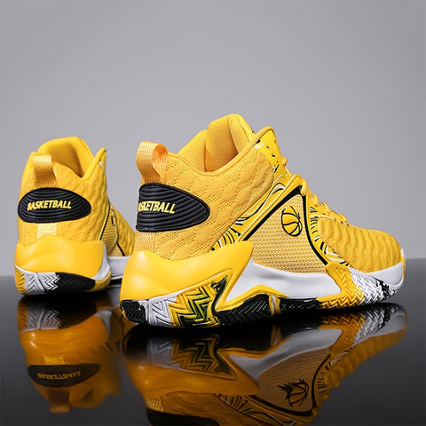 Men's High-Top Basketball Sneakers - Durable, Non-Slip, Shock-Absorbing Running Shoes with Breathable Mesh Upper, Yellow & Black Design for Sports, Running, and Outdoor Activities