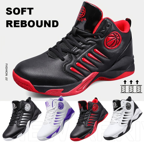 Men's High-Top/Mid-Top Basketball Shoes - Heavy-Duty Lace-Up Sneakers with Arch, Non-Slip Rubber Sole & Breathable -like Texture - All-Black/Black with Red Accent/Red/Black Color Options - Gym, Walking, Casual Shoes for Men