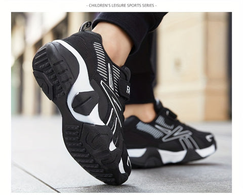 Boys' Trendy Basketball Sneakers - Comfortable Non-Slip Soft Sole, Durable Synthetic & Fabric Upper, Breathable Design with Striped Pattern, Hook & Loop Closure for Youngsters to Youth, All-Season Casual & Running Shoes, Basketball