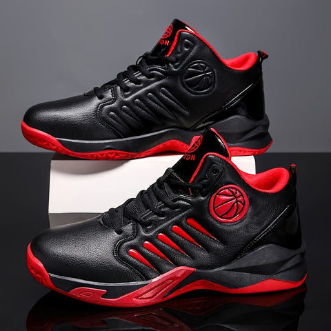 Men's High-Top/Mid-Top Basketball Shoes - Heavy-Duty Lace-Up Sneakers with Arch, Non-Slip Rubber Sole & Breathable -like Texture - All-Black/Black with Red Accent/Red/Black Color Options - Gym, Walking, Casual Shoes for Men