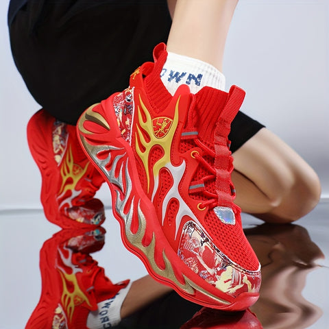 Men's High-Top Basketball Sneakers - Stylish & Breathable with Knit Upper, MD/Rubber Sole - Lace-Up Sneakers for Running & Casual Wear - Black, White, Red, Grey, Casual Sneakers| Modern Sneakers| Durable Md Sole, Basketball Shoes