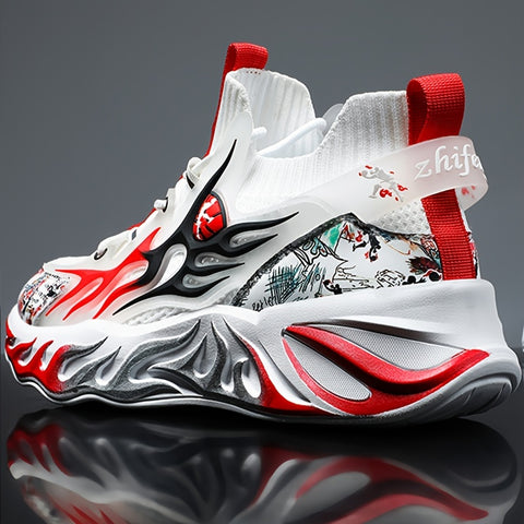 Men's High-Top Basketball Sneakers - Stylish & Breathable with Knit Upper, MD/Rubber Sole - Lace-Up Sneakers for Running & Casual Wear - Black, White, Red, Grey, Casual Sneakers| Modern Sneakers| Durable Md Sole, Basketball Shoes