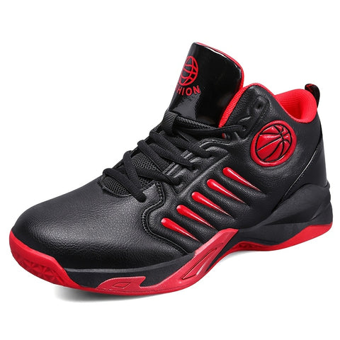 Men's High-Top/Mid-Top Basketball Shoes - Heavy-Duty Lace-Up Sneakers with Arch, Non-Slip Rubber Sole & Breathable -like Texture - All-Black/Black with Red Accent/Red/Black Color Options - Gym, Walking, Casual Shoes for Men