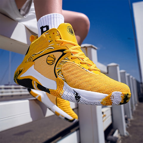 Men's High-Top Basketball Sneakers - Durable, Non-Slip, Shock-Absorbing Running Shoes with Breathable Mesh Upper, Yellow & Black Design for Sports, Running, and Outdoor Activities