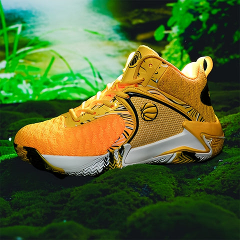 Men's High-Top Basketball Sneakers - Durable, Non-Slip, Shock-Absorbing Running Shoes with Breathable Mesh Upper, Yellow & Black Design for Sports, Running, and Outdoor Activities
